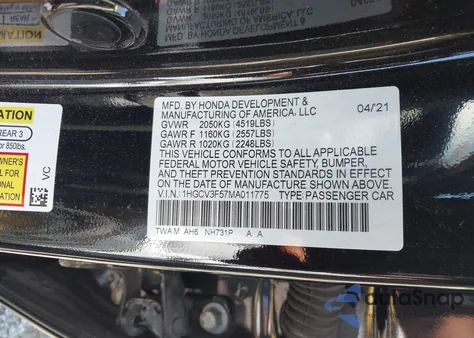 2021 Honda Accord Hybrid Ex-L z USA, uszkodzony, nr VIN 1HGCV3F57MA011775